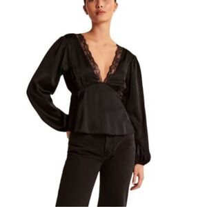 Black Long-Sleeve Satin Lace-Trim Top
